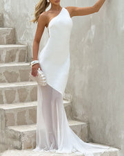 NURO Off Shoulder Sheer Mesh Mermaid Maxi Dress Women's Elegant Backless Evening Gown