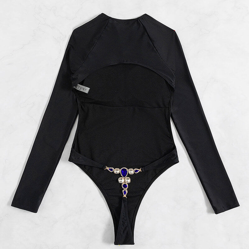 NURO One-piece swimsuit, long sleeves, open back, thong cut