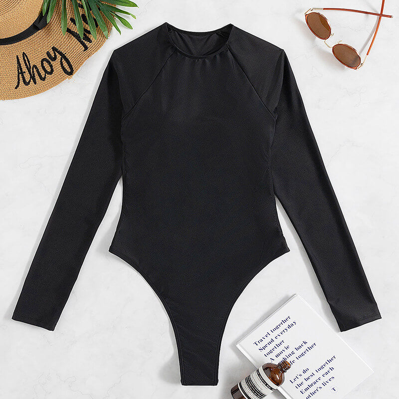 NURO One-piece swimsuit, long sleeves, open back, thong cut