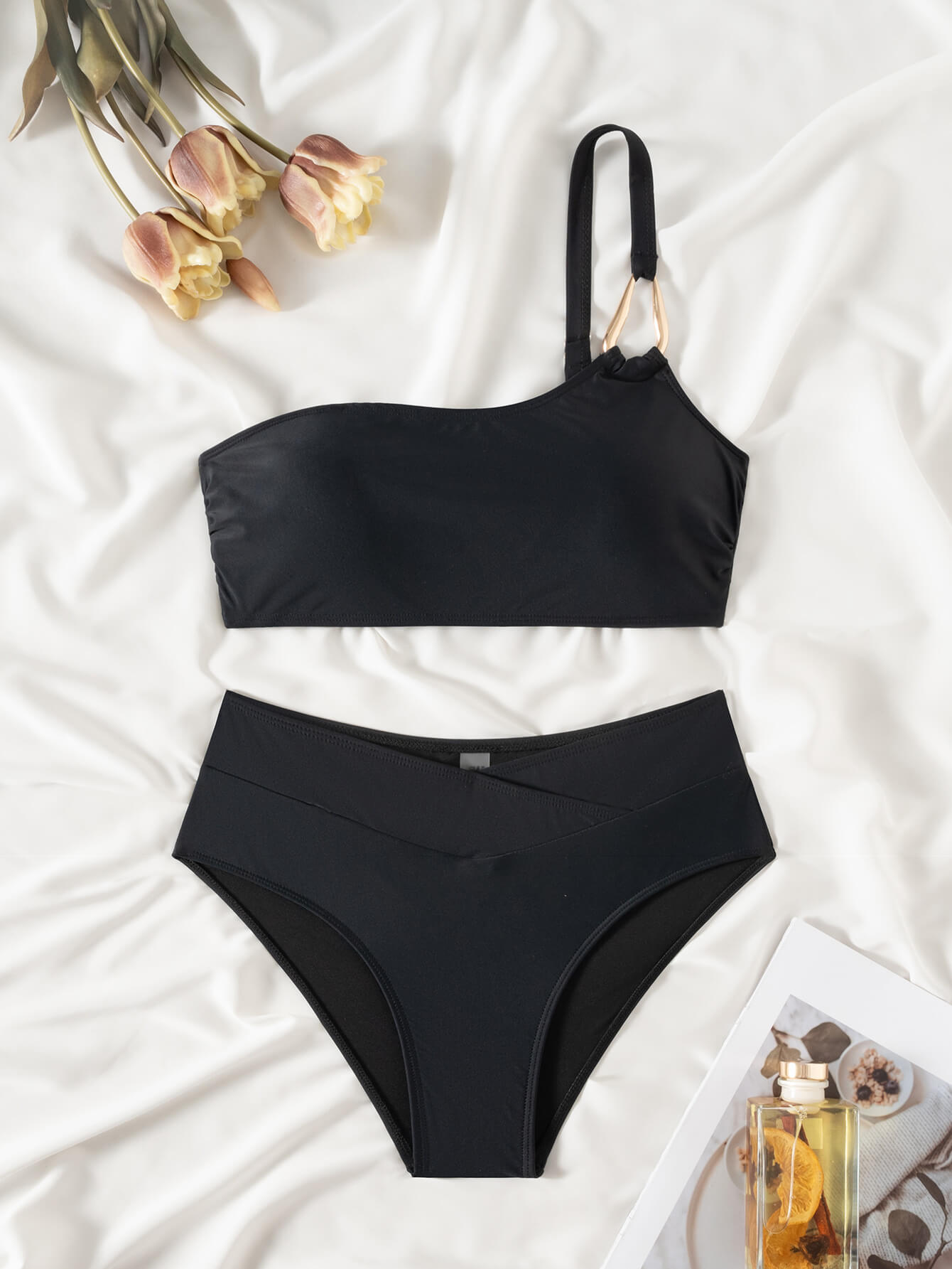 NURO One-shoulder metal buckle slimming bikini swimsuit