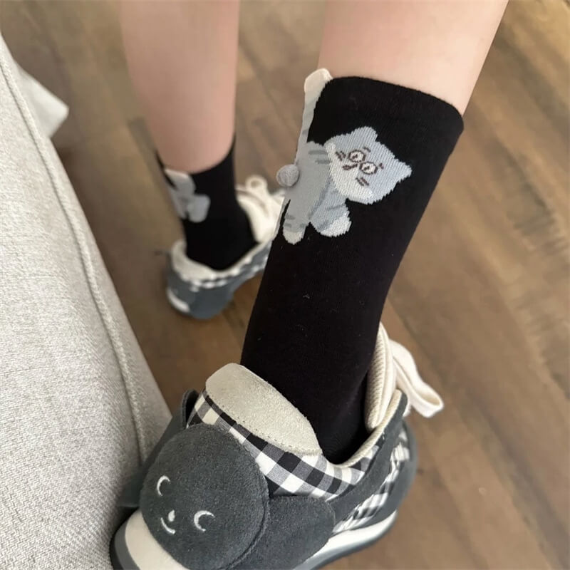 NURO Original Funny Cat Cartoon Crew Socks for Women