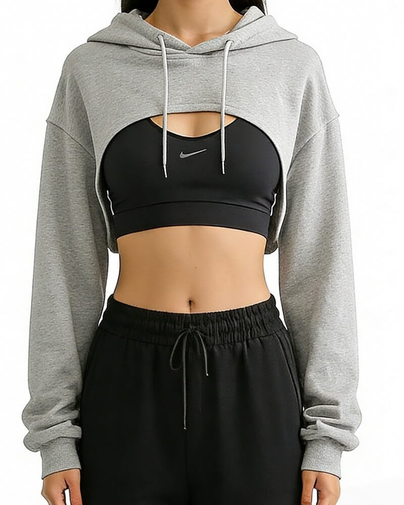NURO Oversized Cropped Pullover Hoodie for Women - Long Sleeve Casual Streetwear