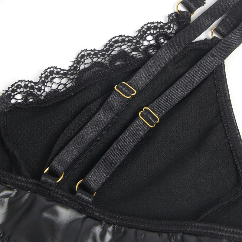 NURO PU Leather Lace Garter Lingerie Set with Zipper