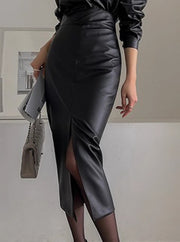 NURO PU Leather Side Slit Pencil Skirt for Women