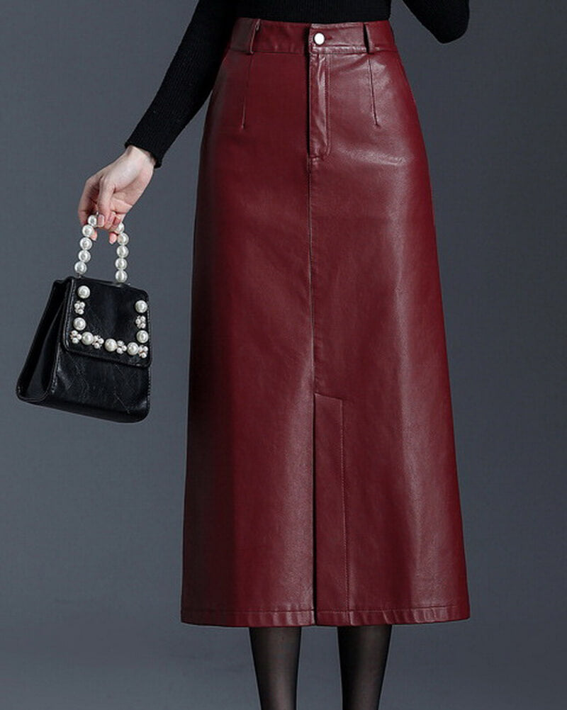 NURO PU Leather Slit Midi Skirt for Women