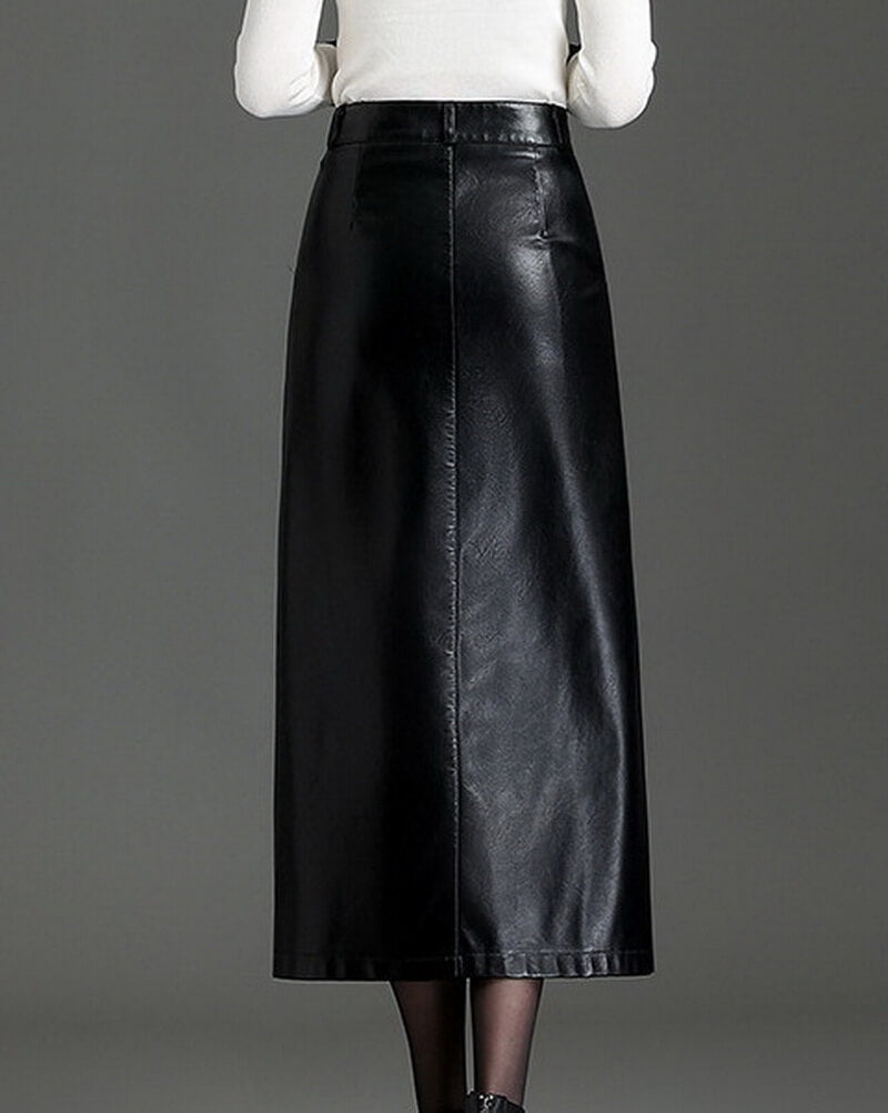 NURO PU Leather Slit Midi Skirt for Women