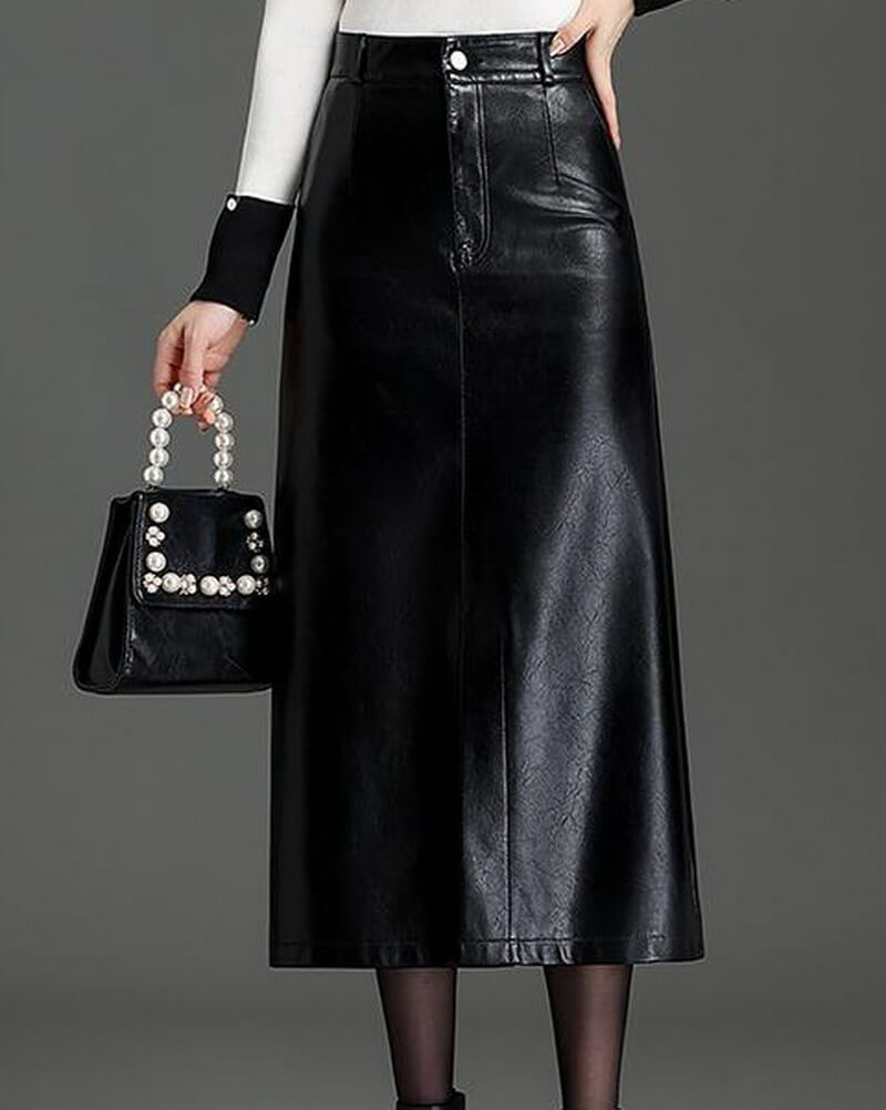 NURO PU Leather Slit Midi Skirt for Women