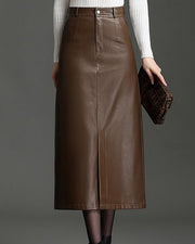 NURO PU Leather Slit Midi Skirt for Women