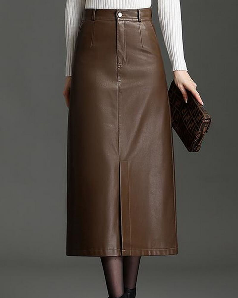 NURO PU Leather Slit Midi Skirt for Women