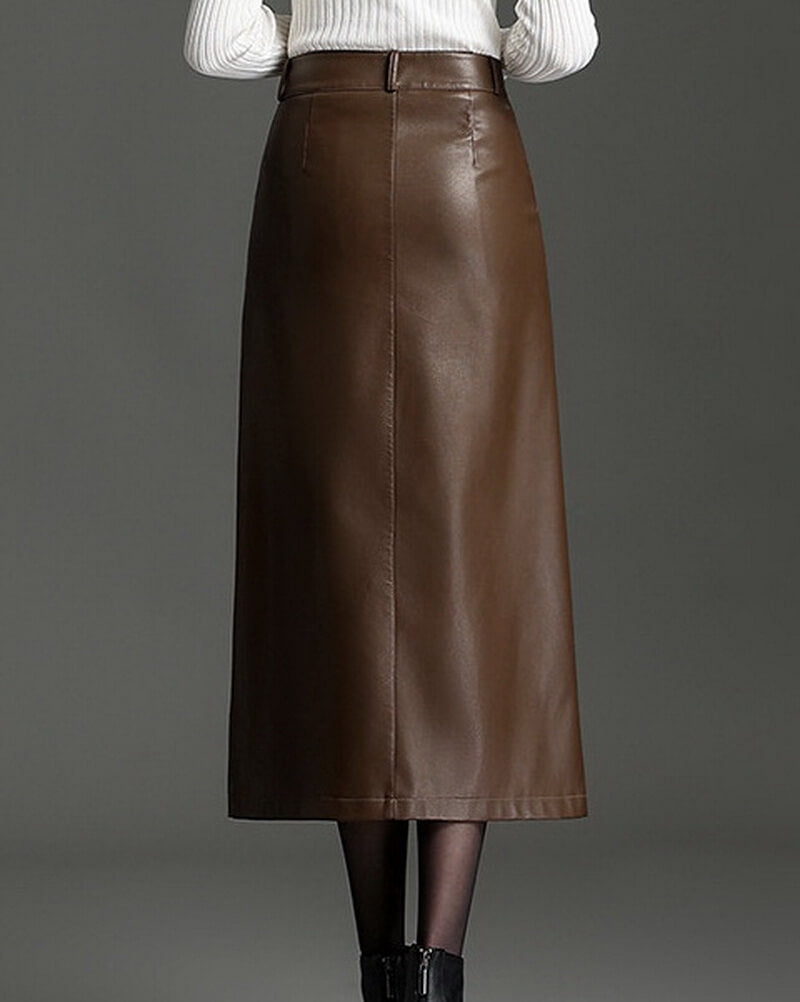 NURO PU Leather Slit Midi Skirt for Women