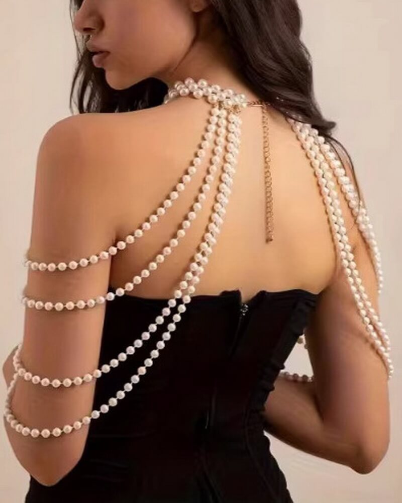 NURO Pearl Body Chain Jewelry Layered Necklace Adjustable Body Jewelry