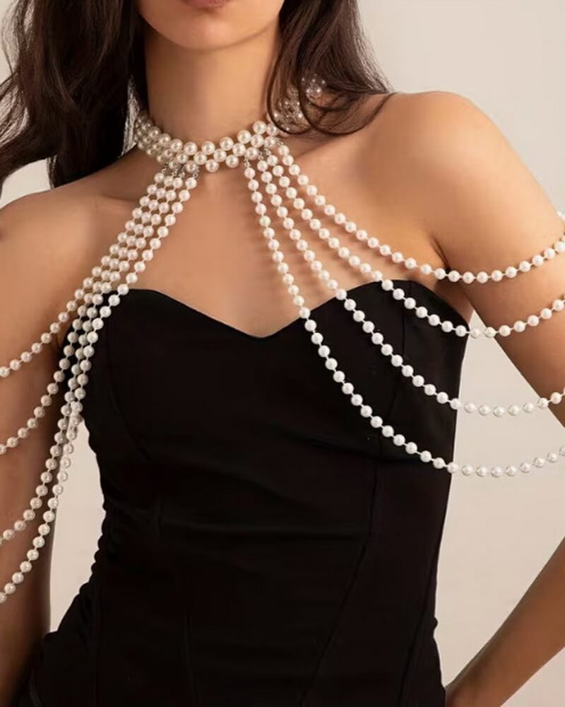 NURO Pearl Body Chain Jewelry Layered Necklace Adjustable Body Jewelry