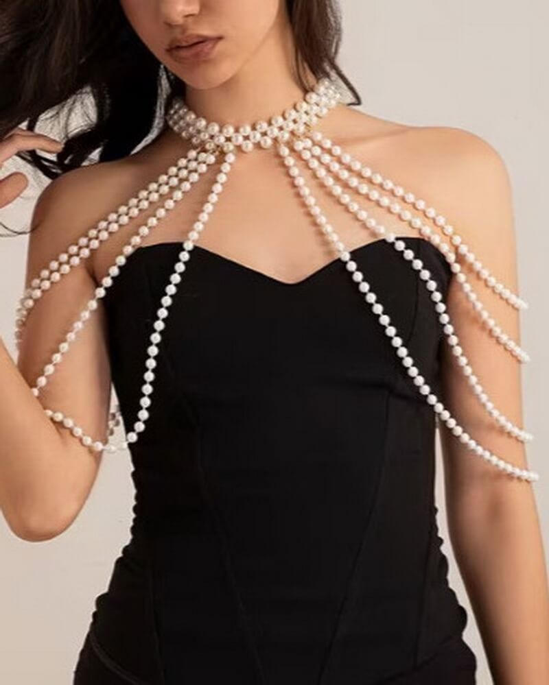 NURO Pearl Body Chain Jewelry Layered Necklace Adjustable Body Jewelry
