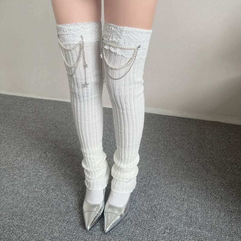 NURO Pearl Chain Lace Trim Knit Leg Warmers for Women