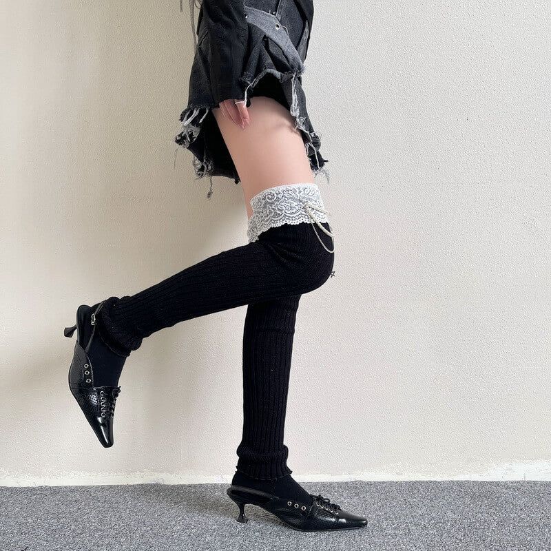 NURO Pearl Chain Lace Trim Knit Leg Warmers for Women