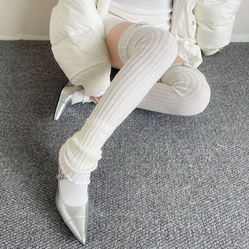 NURO Pearl Chain Lace Trim Knit Leg Warmers for Women