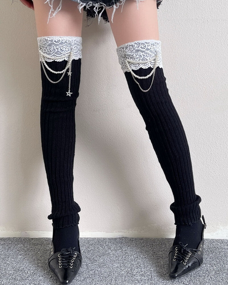 NURO Pearl Chain Lace Trim Knit Leg Warmers for Women