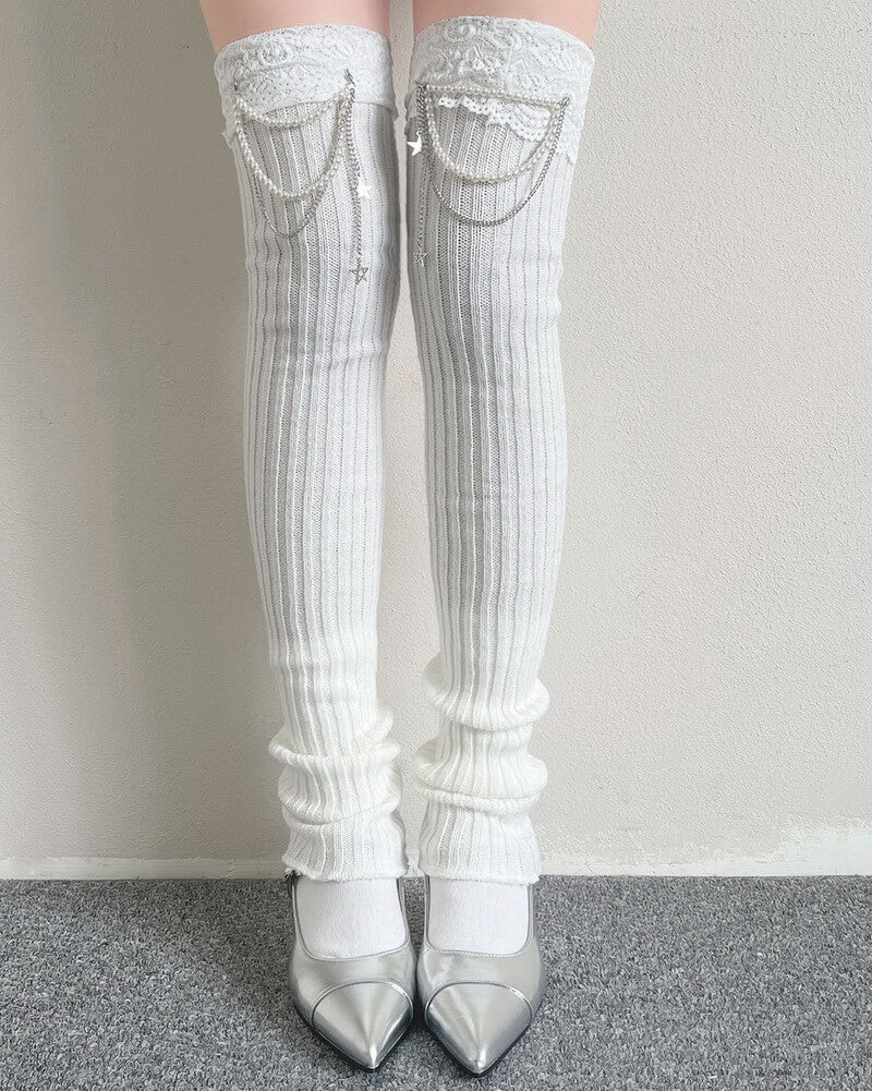 NURO Pearl Chain Lace Trim Knit Leg Warmers for Women