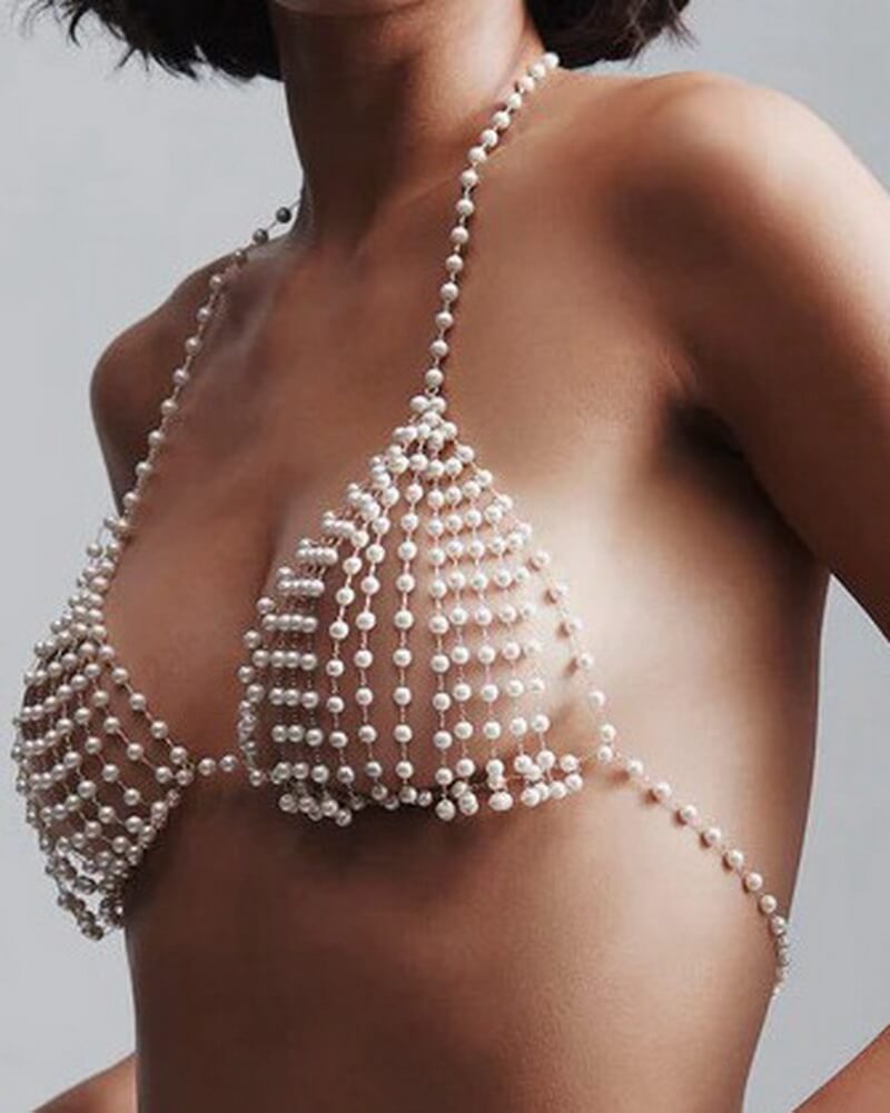 NURO Pearl and Chain Body Jewelry Layered Waist Necklace Body Harness