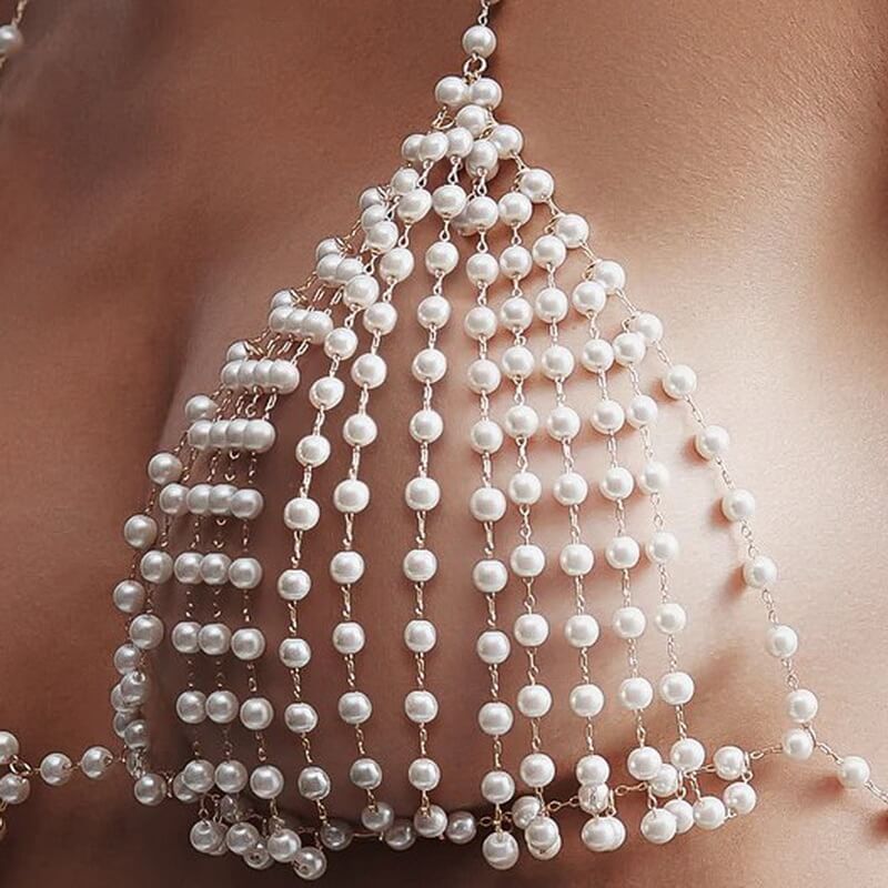 NURO Pearl and Chain Body Jewelry Layered Waist Necklace Body Harness