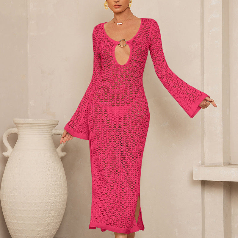 NURO Plaid Woven Maxi Dress Long Sleeve U-Neck Sheer Detail Dress