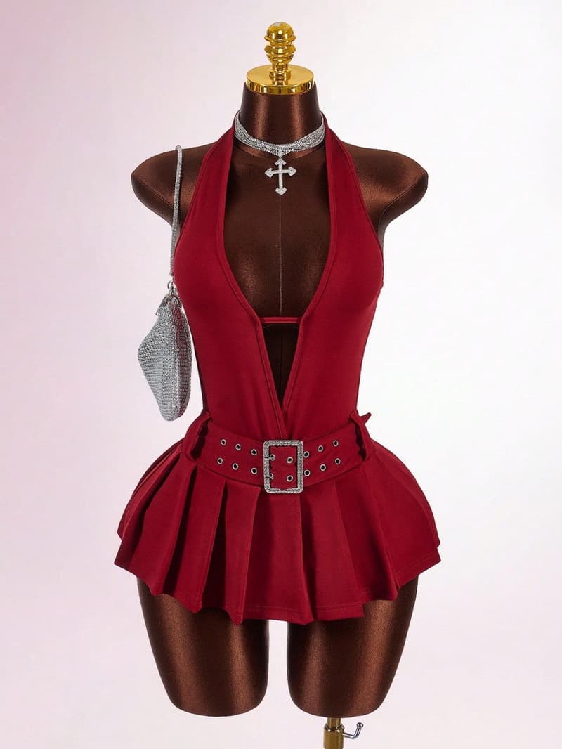 NURO Pleated Mini Dress V-Neck Backless Tie Front Party Dress