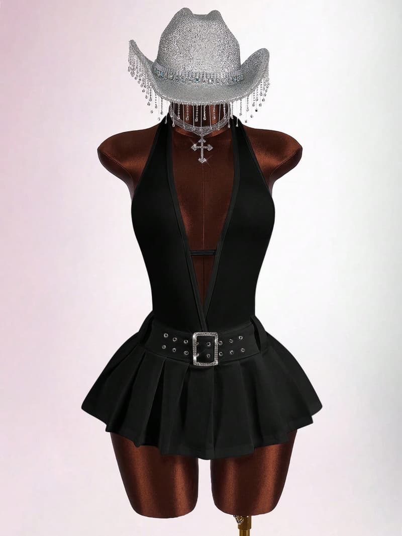 NURO Pleated Mini Dress V-Neck Backless Tie Front Party Dress