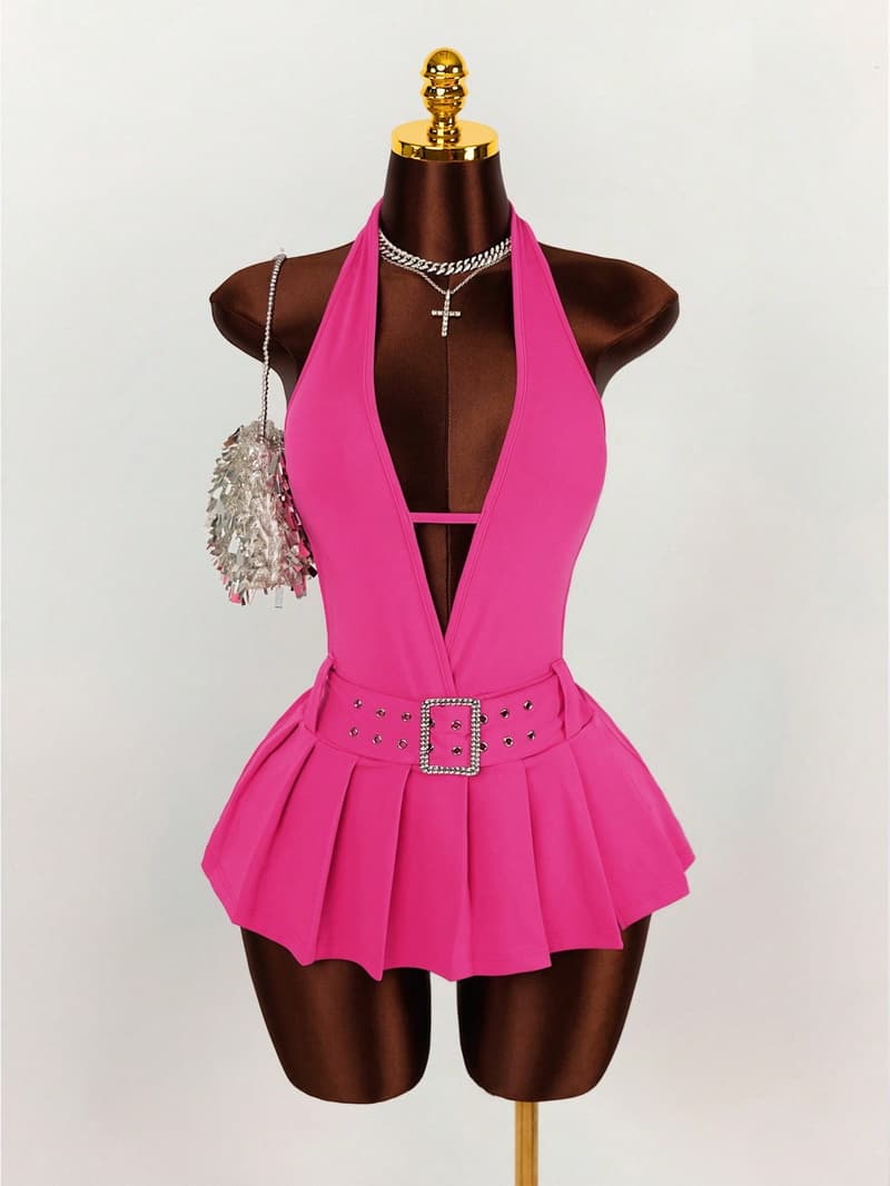 NURO Pleated Mini Dress V-Neck Backless Tie Front Party Dress