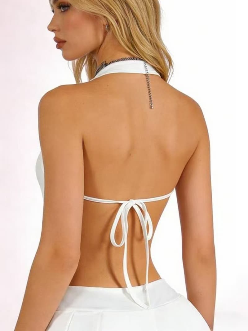 NURO Pleated Mini Dress V-Neck Backless Tie Front Party Dress