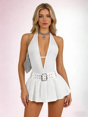 NURO Pleated Mini Dress V-Neck Backless Tie Front Party Dress