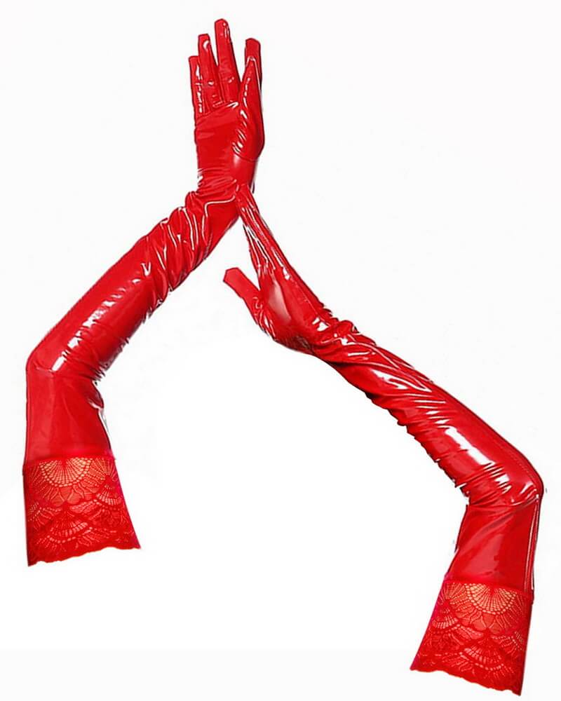 NURO Plus Size High Gloss Faux Leather Gloves Stretchy Lace Trim Gloves