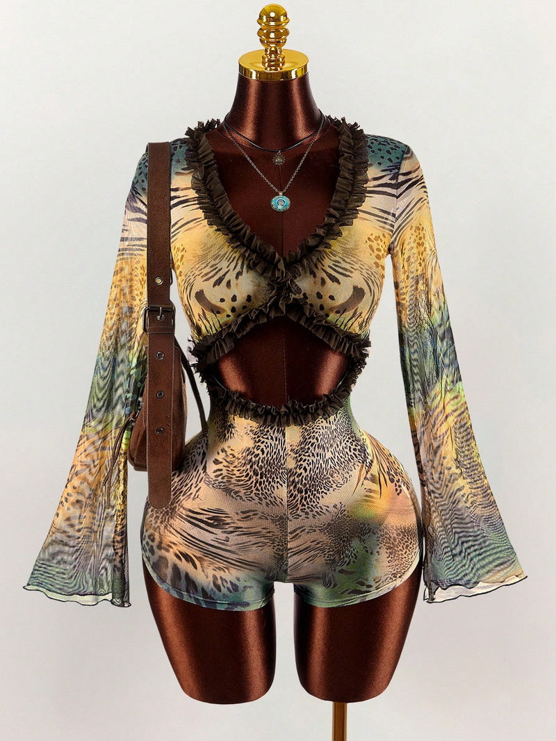 NURO Printed Bell Sleeve Jumpsuit Long Sleeve Wide Leg Romper