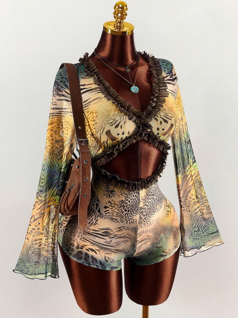 NURO Printed Bell Sleeve Jumpsuit Long Sleeve Wide Leg Romper