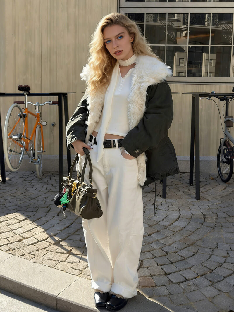 NURO Relaxed Fit Long Puffer Coat, Color Block Faux Fur Collar Parka, Oversized Streetwear Winter Jacket with Non-Detachable Collar