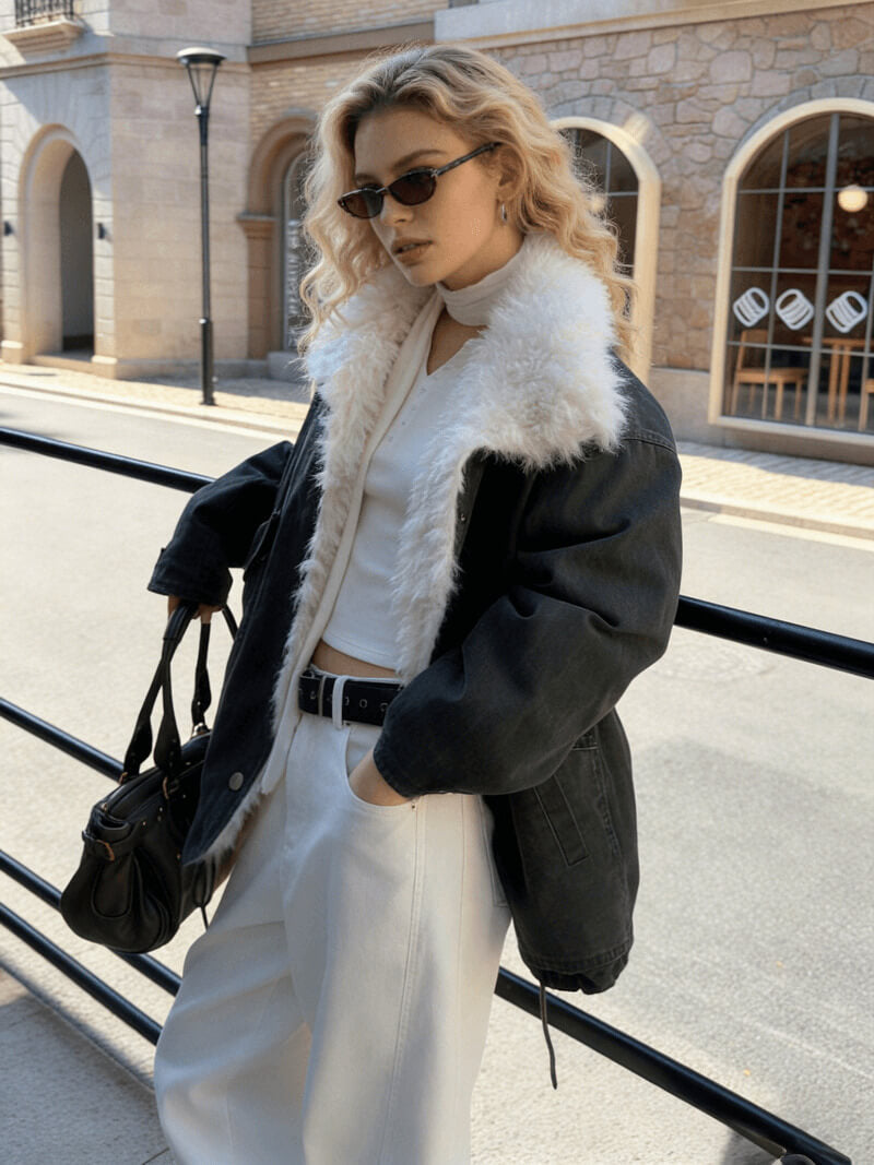 NURO Relaxed Fit Long Puffer Coat, Color Block Faux Fur Collar Parka, Oversized Streetwear Winter Jacket with Non-Detachable Collar