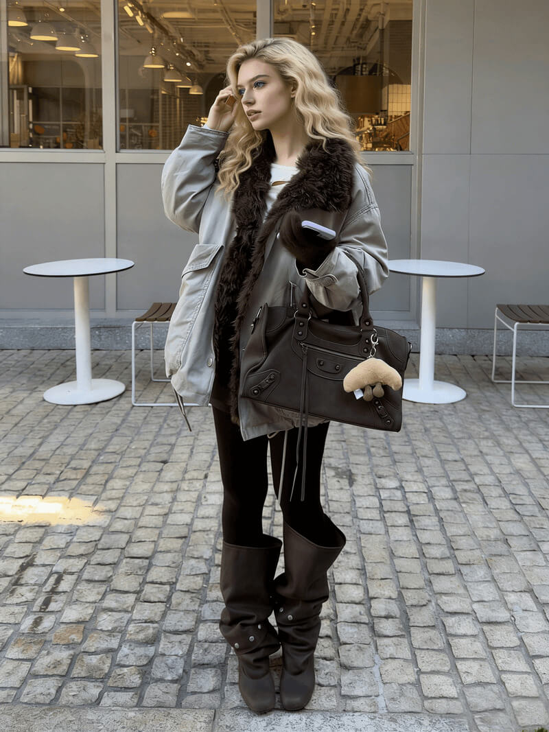 NURO Relaxed Fit Long Puffer Coat, Color Block Faux Fur Collar Parka, Oversized Streetwear Winter Jacket with Non-Detachable Collar