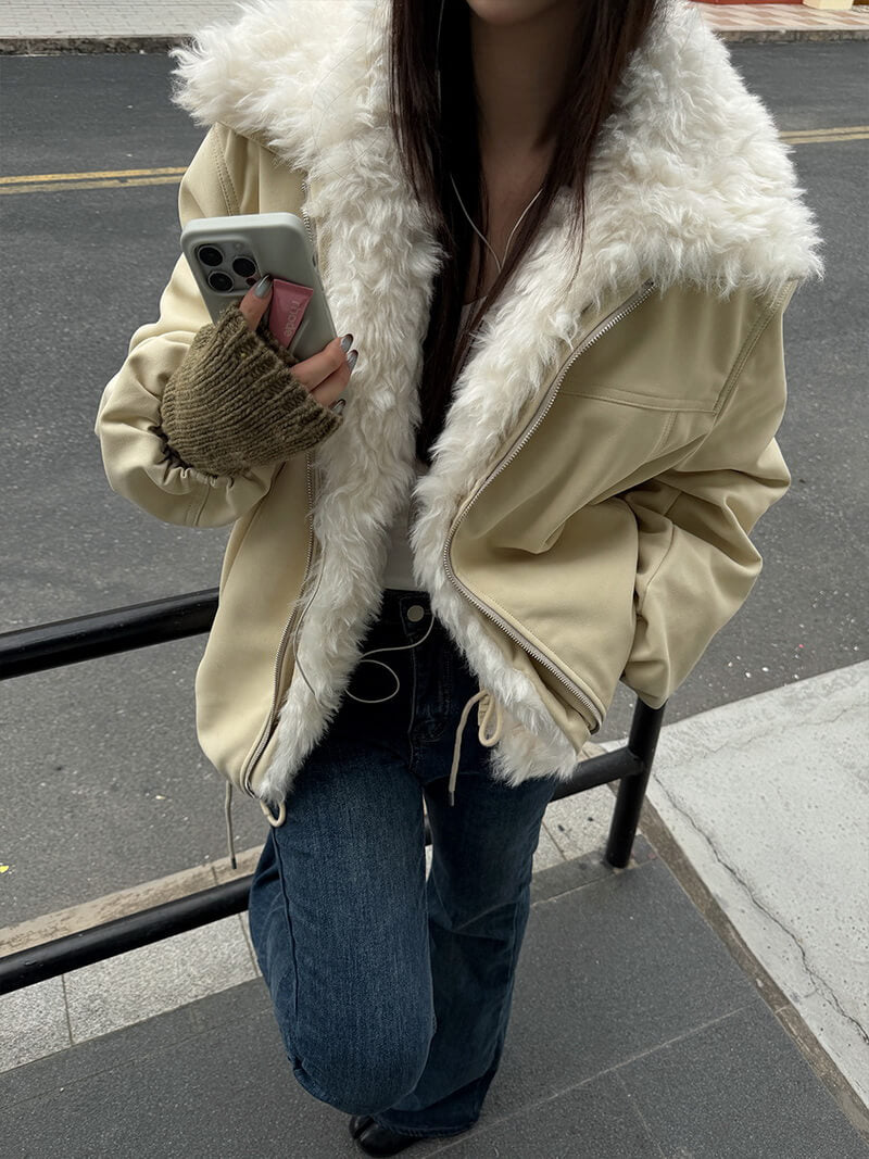 NURO Retro Faux Fur Collar Puffer Coat, Thickened Stand Collar Long Jacket with Non-Detachable Fur, Zipper Front Oversized Streetwear Parka