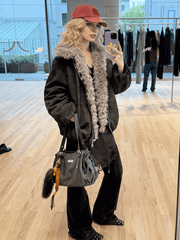 NURO Retro Faux Fur Collar Puffer Coat, Thickened Stand Collar Long Jacket with Non-Detachable Fur, Zipper Front Oversized Streetwear Parka