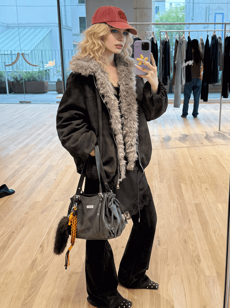NURO Retro Faux Fur Collar Puffer Coat, Thickened Stand Collar Long Jacket with Non-Detachable Fur, Zipper Front Oversized Streetwear Parka