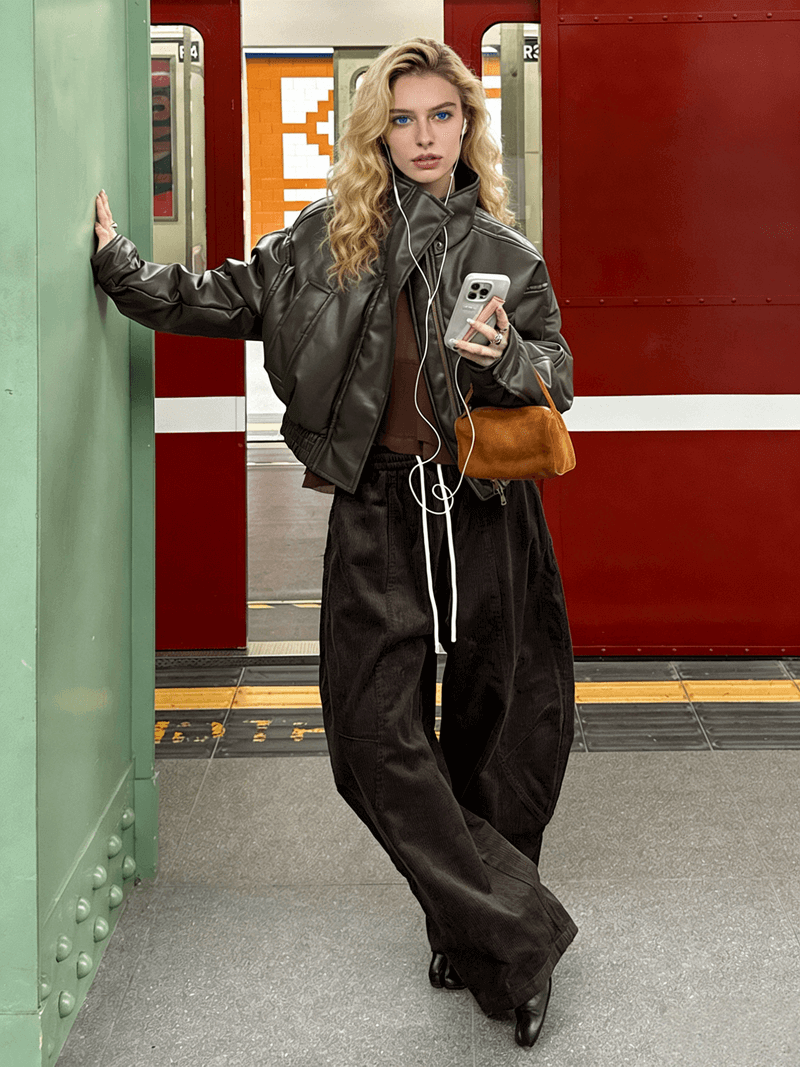 NURO Retro Motorcycle PU Leather Jacket, Stand Collar Zip-Up Cropped Biker Coat, Distressed Vintage Streetwear Short Jacket