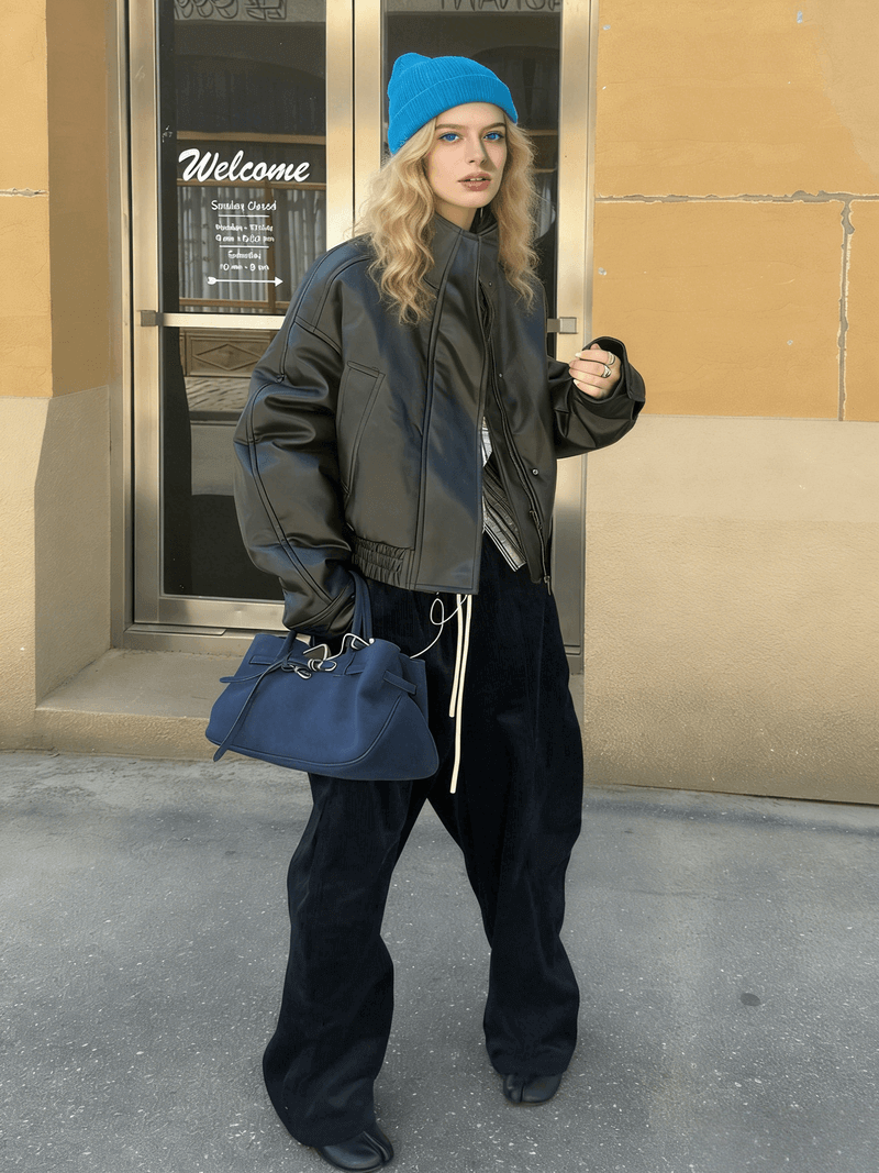 NURO Retro Motorcycle PU Leather Jacket, Stand Collar Zip-Up Cropped Biker Coat, Distressed Vintage Streetwear Short Jacket