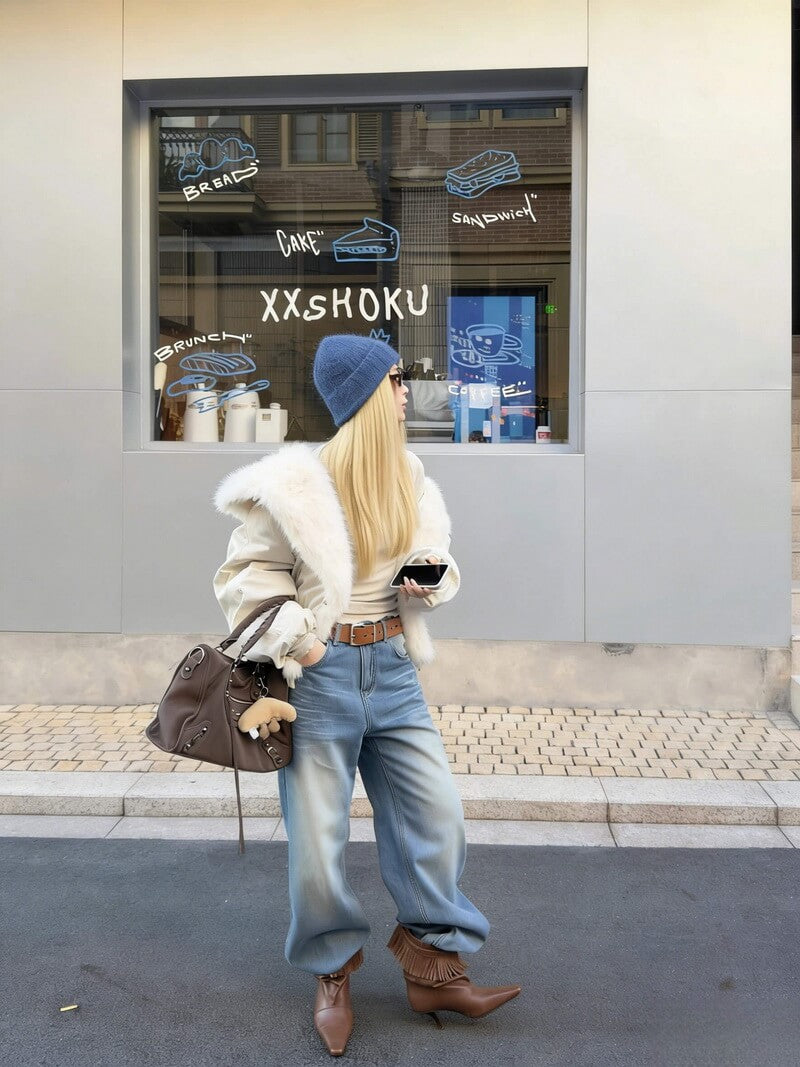 NURO Retro Wool-like Faux Fur Collar Long Coat, Thickened Toggle Button Parka with Non-Detachable Collar, Oversized Streetwear Winter Jacket