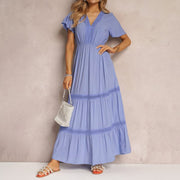 NURO Ruffle Sleeve Maxi Dress V-Neck Tiered Boho Dress