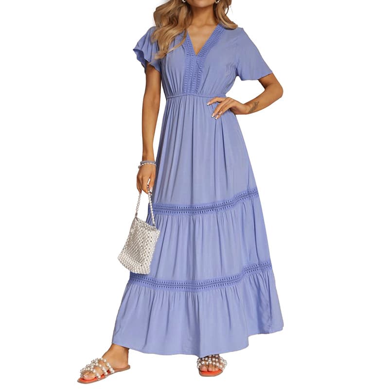 NURO Ruffle Sleeve Maxi Dress V-Neck Tiered Boho Dress