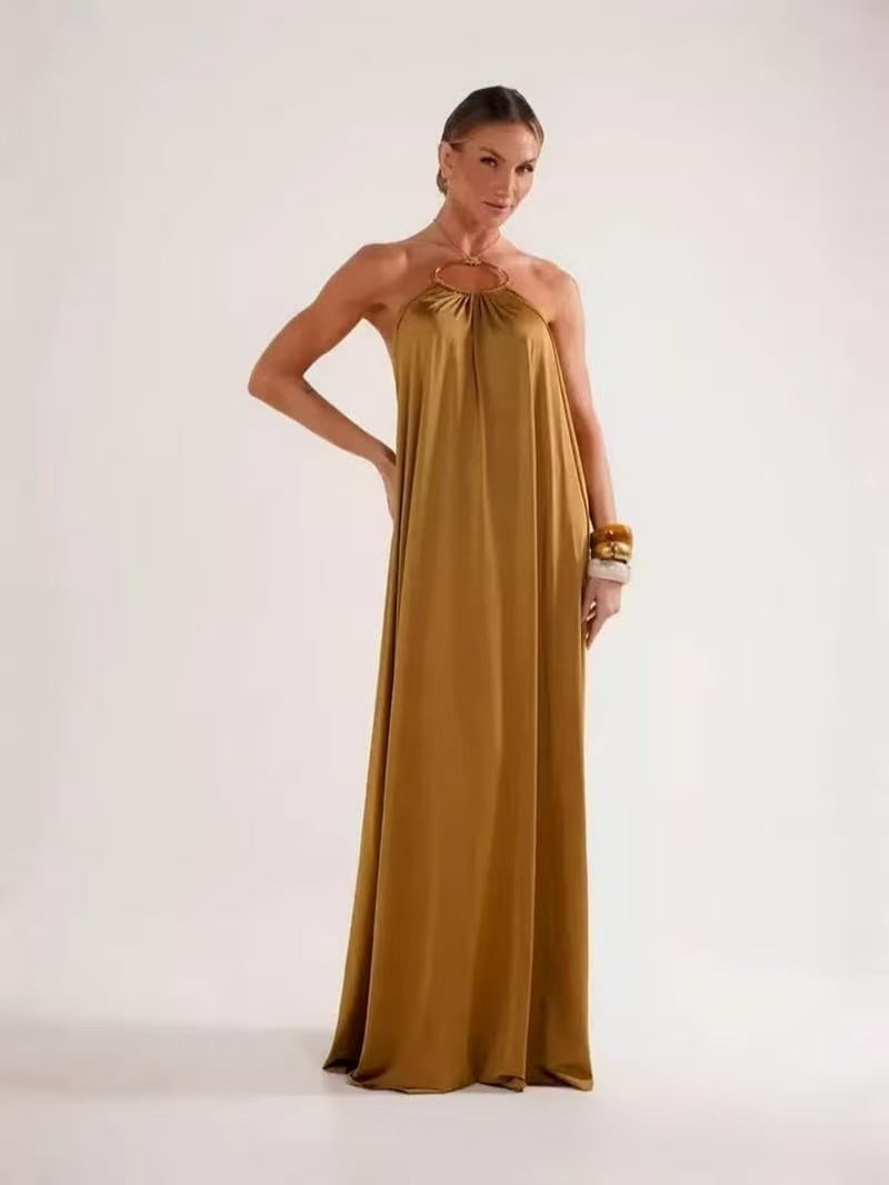 NURO Satin Maxi Dress Spaghetti Strap Cowl Neck Formal Gown