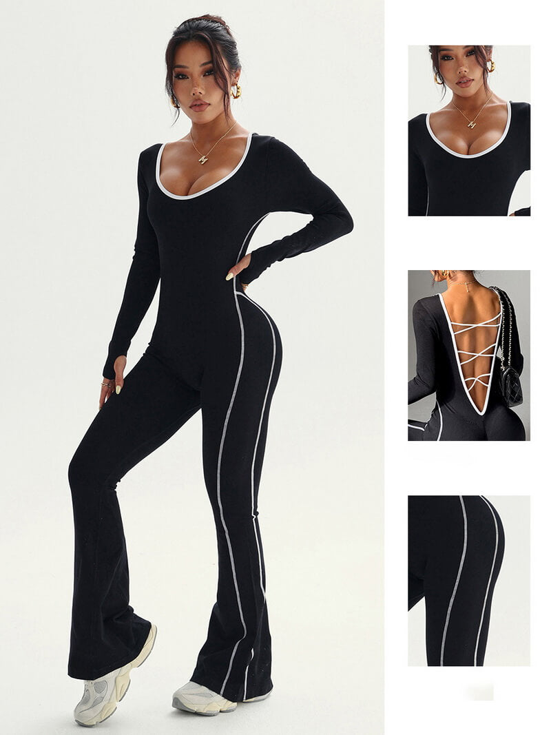 NURO Seamless Stripe Cross-Back Yoga Set with Flared Pants