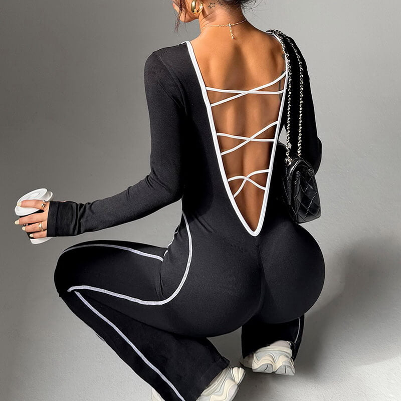 NURO Seamless Stripe Cross-Back Yoga Set with Flared Pants