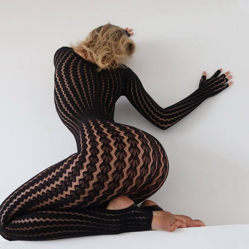 NURO Sheer Cut Out Jumpsuit Women's Sexy High Waist Long Sleeve Bodysuit