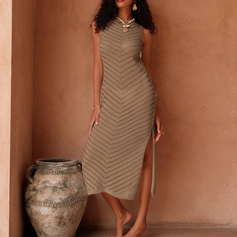 NURO Sheer Detail Mock Neck Midi Dress Sleeveless Cut Out Dress