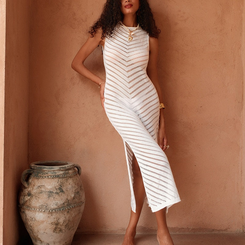 NURO Sheer Detail Mock Neck Midi Dress Sleeveless Cut Out Dress